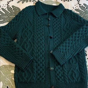 Handmade Vintage Aran Wool Green Cable Knit Cardigan